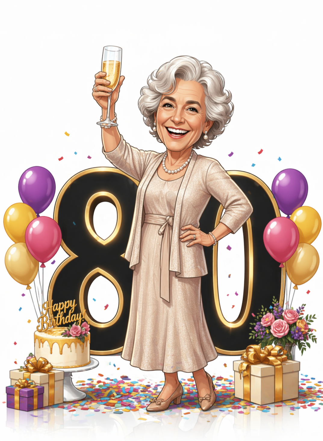 Personalised 80th birthday caricature design
